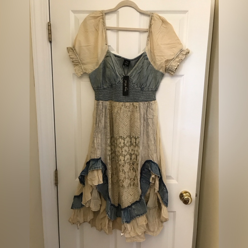 YOUNG THREADS NWT Dress Denim Plaid Boho Style Elastic Bust Size Large Xlarge
